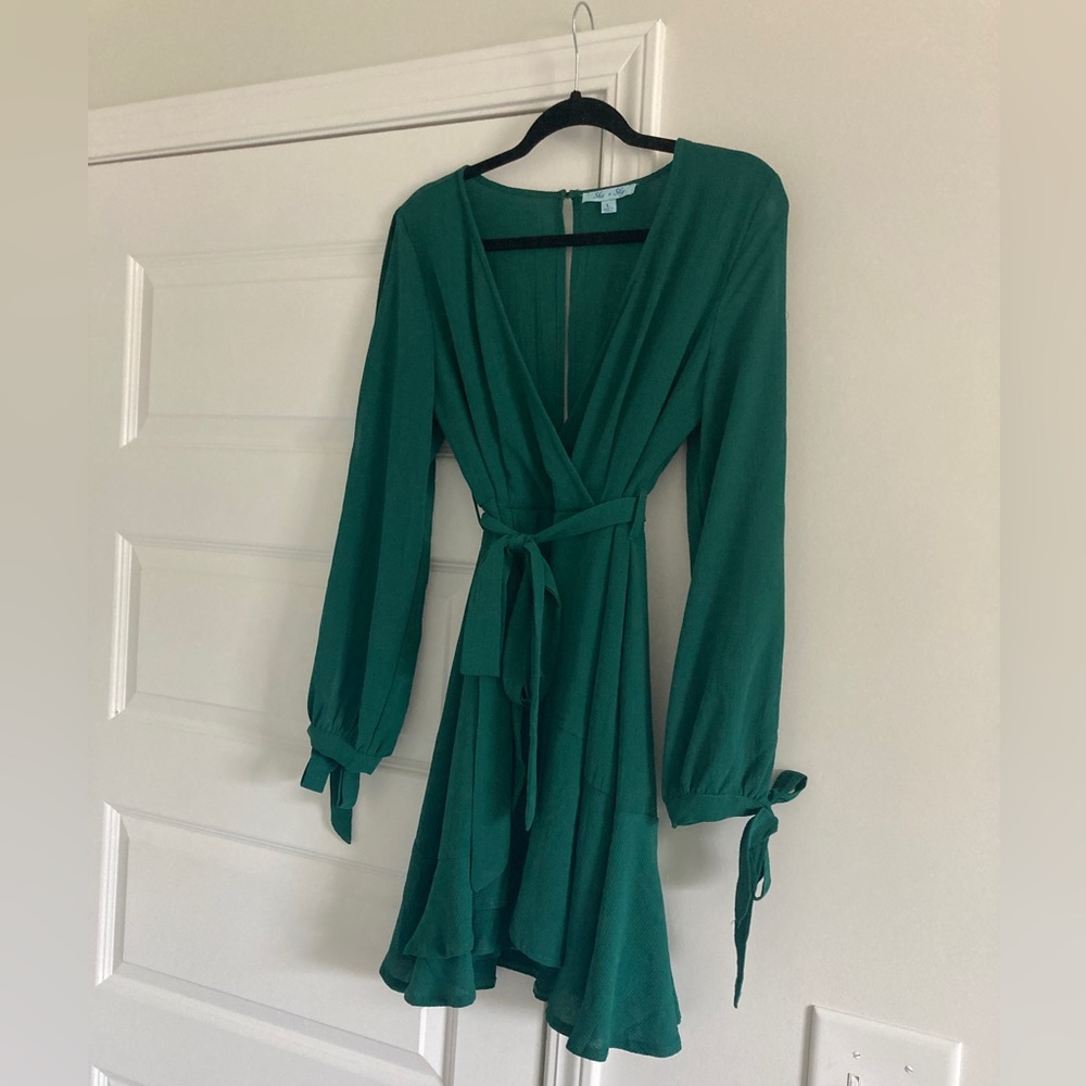 Dark green long sleeve wrap mini dress
